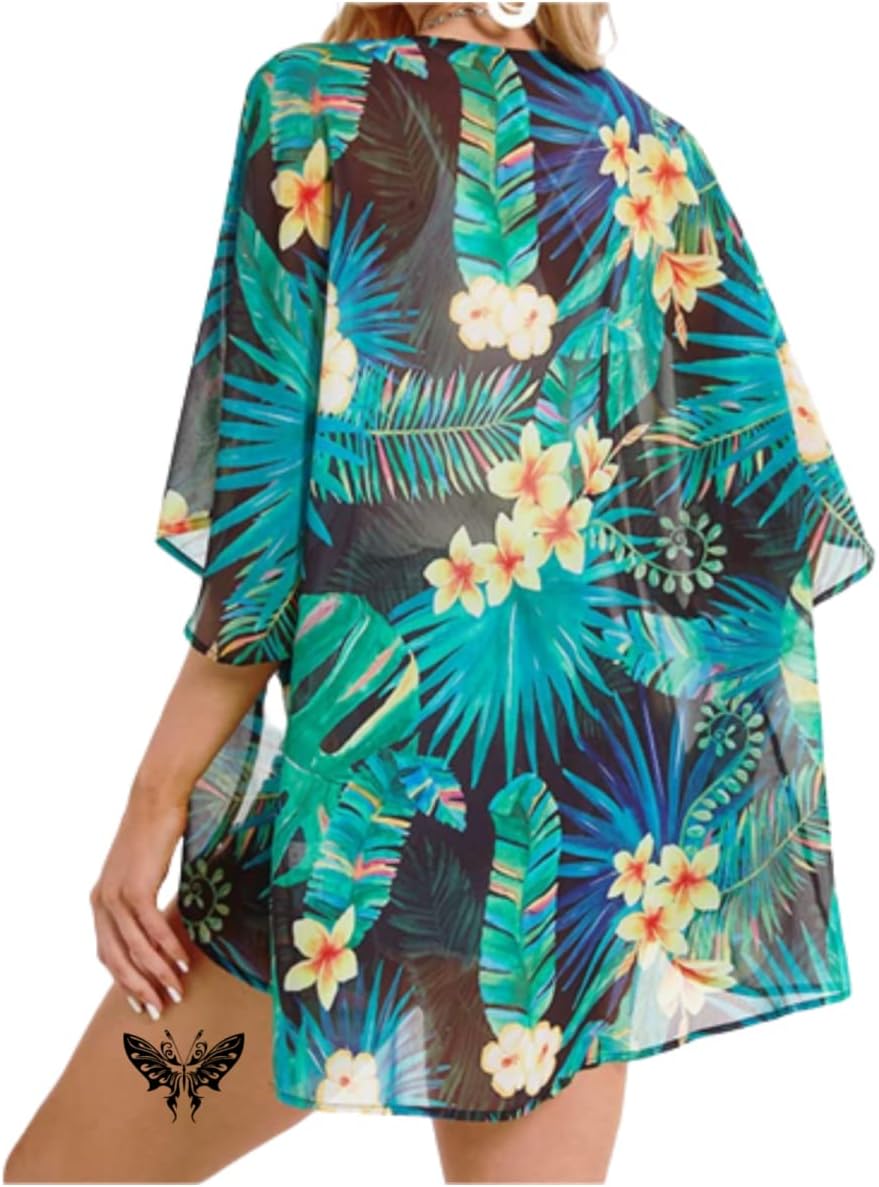 Women's Floral Print Puff Sleeve Kimono Cardigans Chiffon Casual Loose Open Front Cover Tops Cardigan Blouse - Image 5