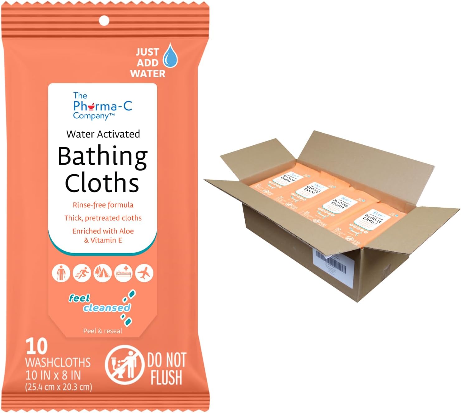 Pharma-C-Wipes Water Activated Bathing Cloths - Rinse Free - Thick, Pretreated Washcloths (36 Packs of 10 Wipes)