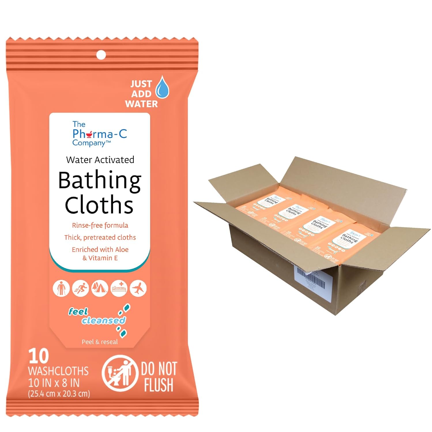 The Pharma-C Company - Water Activated Bathing Cloths - Rinse Free - Thick, Pretreated Washcloths (36 Packs of 10 Wipes)