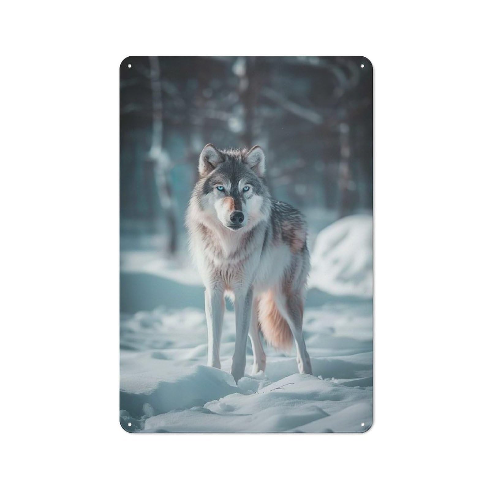 Tin Wall Plaque 30x20cm with Wolf in Snowy Forest for Guest Room Or Hallway, for Updating Guest Room And Hallway after Moving