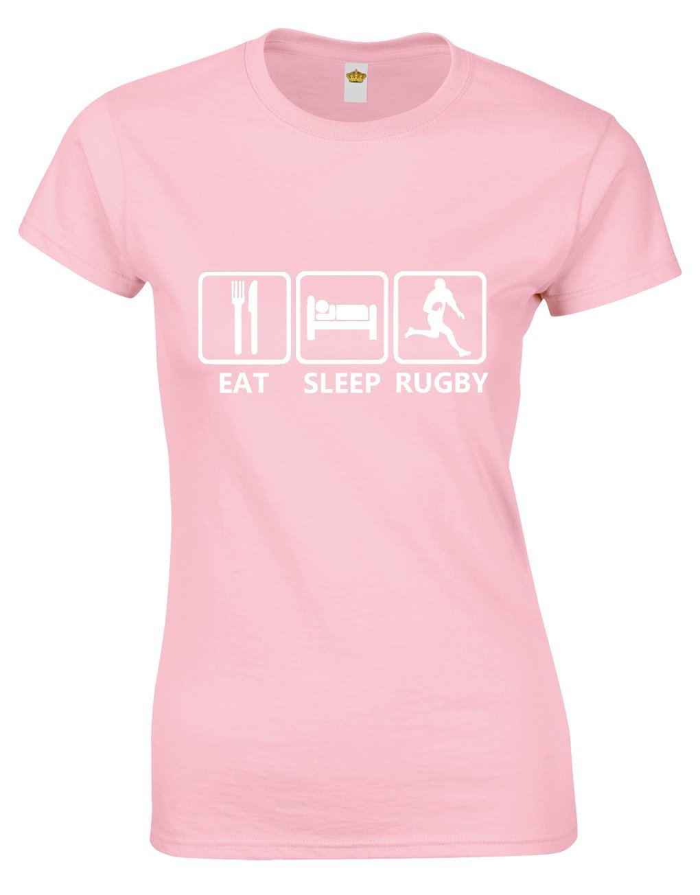 Crown Designs Eat Sleep Rugby for Women & Teenagers Fitted T-Shirts Tops - Baby Pink/XL - 12/14