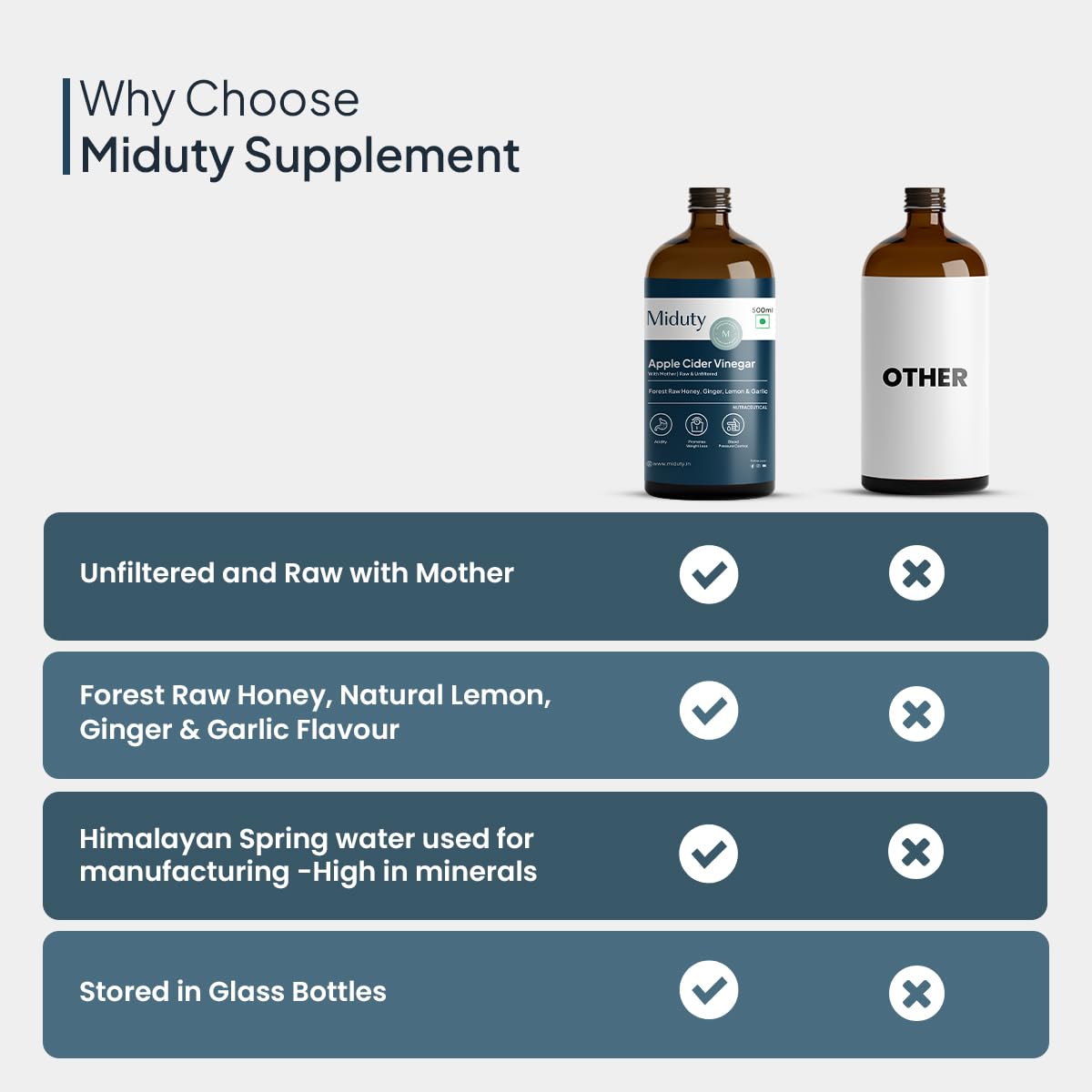 Miduty Raw & Unfiltered Apple Cider Vinegar - Forest Raw Honey - Lemon - Ginger - Garlic - Enriched with Minerals - Promotes Weight Loss - from Himalayan Apples - Glass Bottle - 500 ml - Image 8 thumbnail