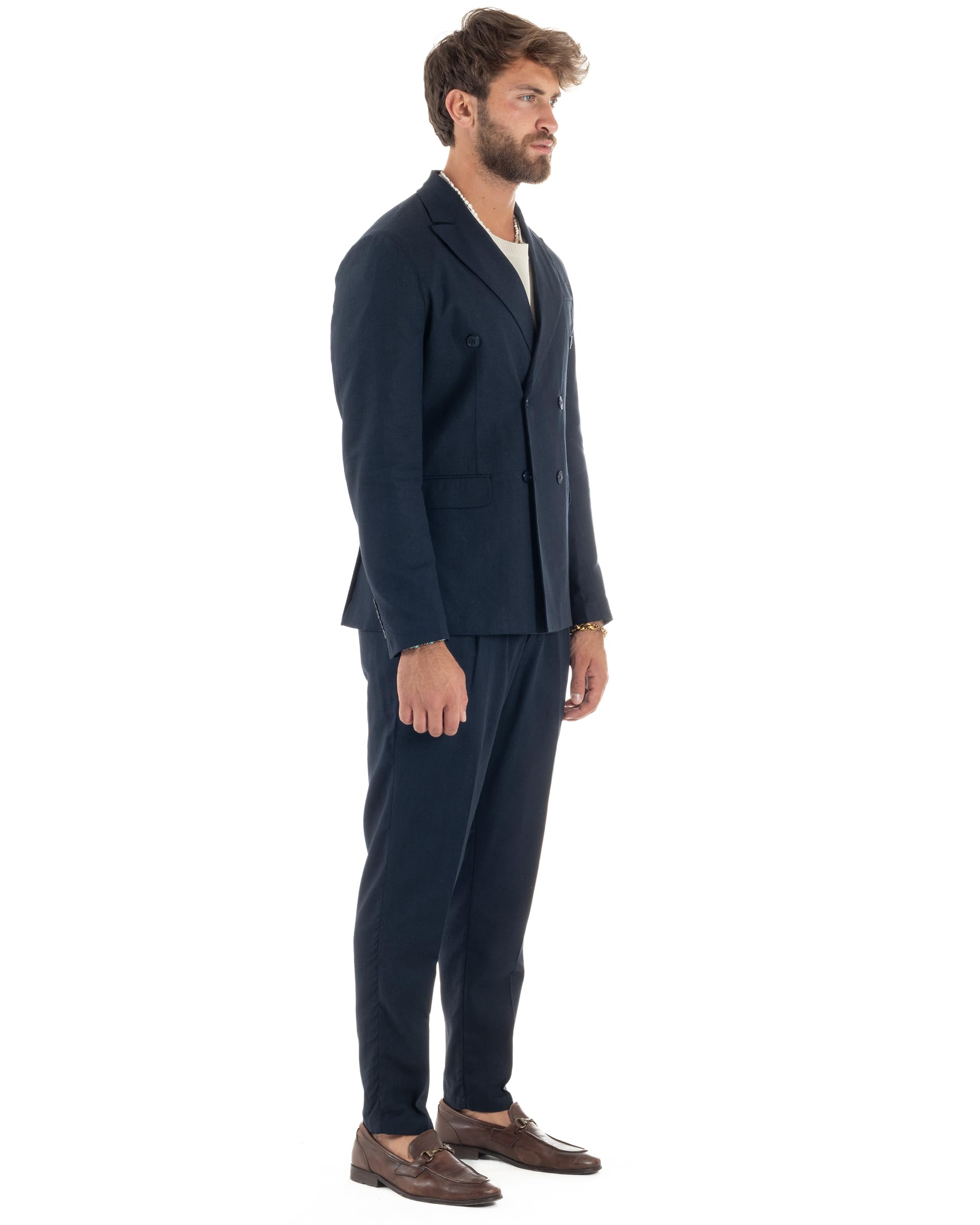 Abito Uomo Lino Elegante Sartoriale Giacca Doppiopetto Pantalone Classico Tinta Unita Vari Colori