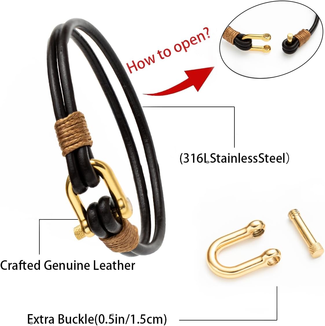 Mechanical Screw-Clasp Mens Bracelet - Black Leather Rope & Polished Silver Stainless Steel Clasp, Fashion Bracelets for Men Gift for Son Husband Grandson Fits 6.2"-7.2" wrists - Image 2