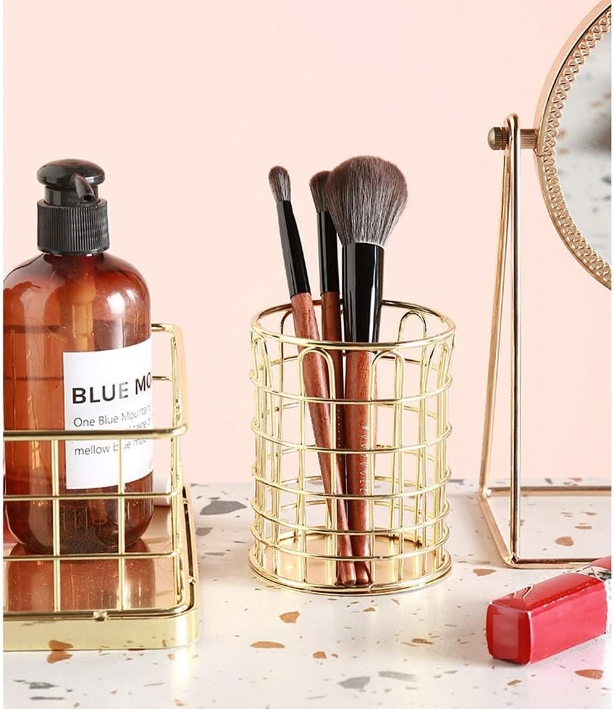 Cosmetic Organizer Desktop Wrought Iron Makeup Brush Storage Tube Golden Round Beauty Brush Comb Storage Eyebrow Pencil Holder Cosmetic Organizer Cosmetic Storage Case(C) image 5