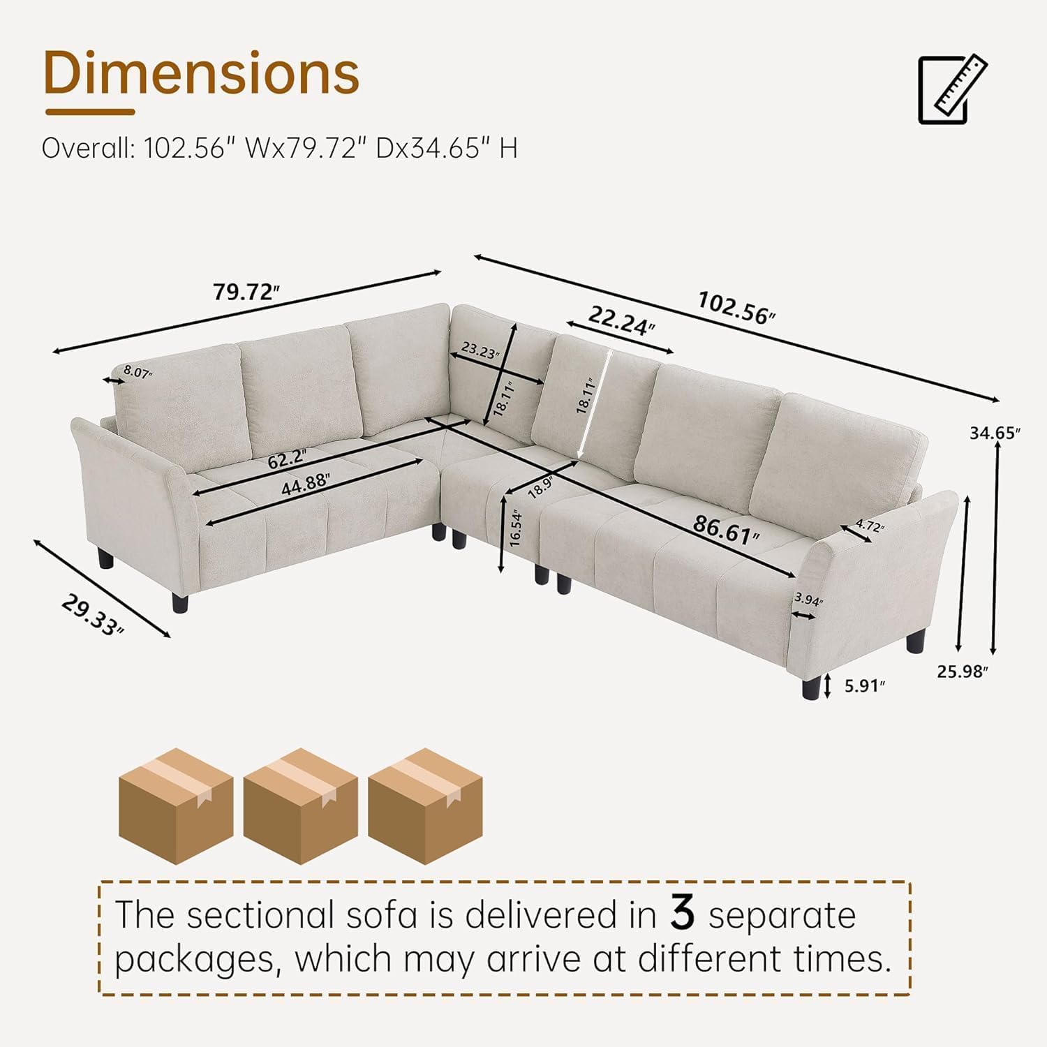 Convertible Sectional Sofa Couch, 102" L Shaped Couch with Back Cushions, Modern Upholstered Fabric 6-Seat Reversible Sofa Set for Living Room, Apartment, Office, Beige