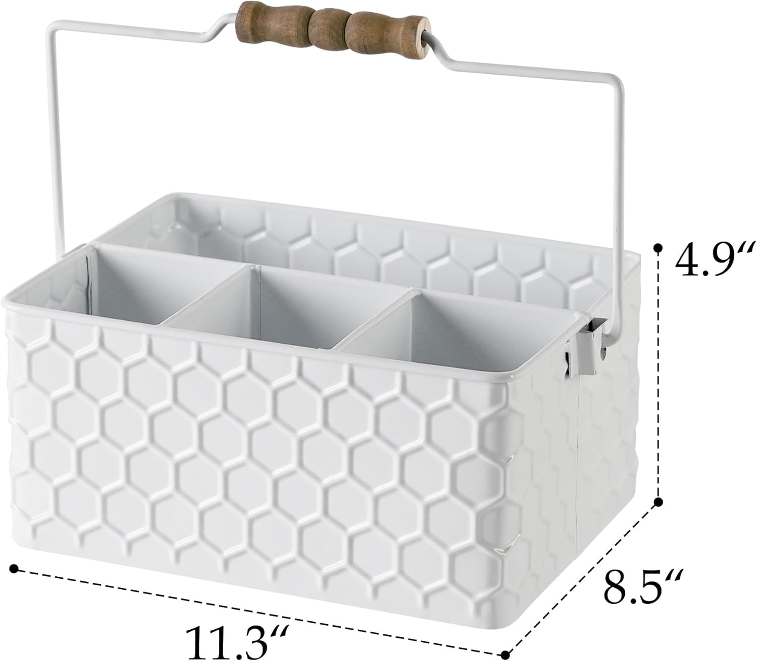 Silverware Caddy for Party Kitchen Flatware Holder for Countertop Metal White Honeycomb Pattern Embossed Cutlery Organizer with 4 Compartments for Utensils, Spoons, Knives, Forks
