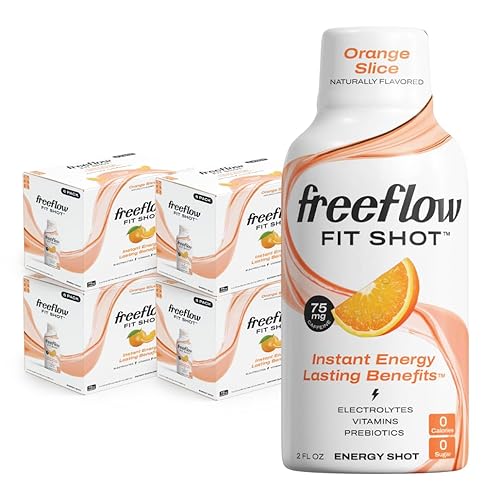 Freeflow Fit Energy Shots, rodaja de naranja, impulso natural de cafeína con L-teanina, ginseng, vitaminas, prebióticos, electrolitos (24 unidades,