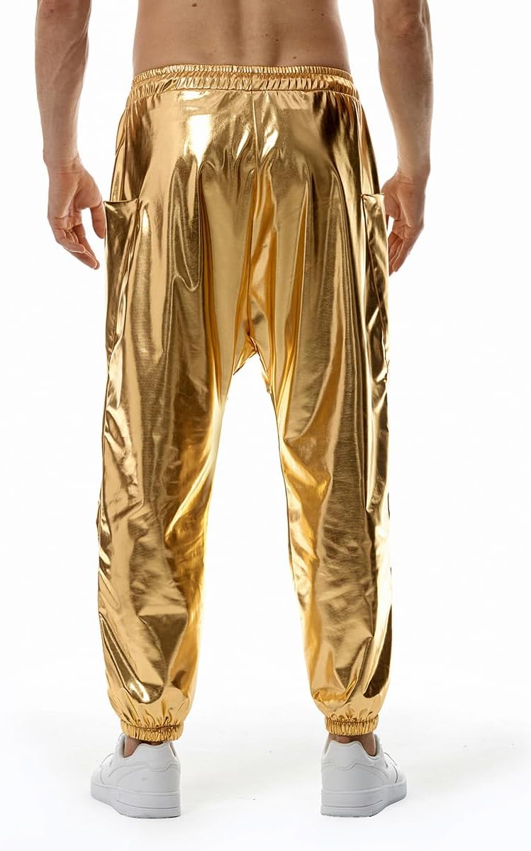 GRAJTCIN Mens Metallic Disco Pants - 70s/80s Sequin Drawstring Waist Party Club Rave Shiny Jogger - Image 4