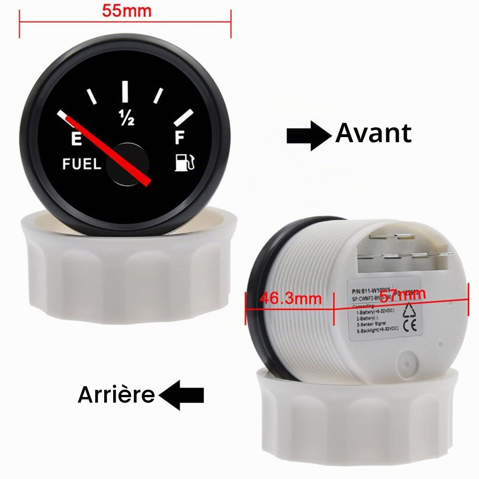 Geloo Jauge de Niveau de Carburant, 52 mm 0~190 ohm Jauge de Niveau d'huile avec Rétroéclairage LED Indicateur de Réservoir de Carburant E-1/2-F Pointeur pour Voiture, Bateau, RV, Camion
