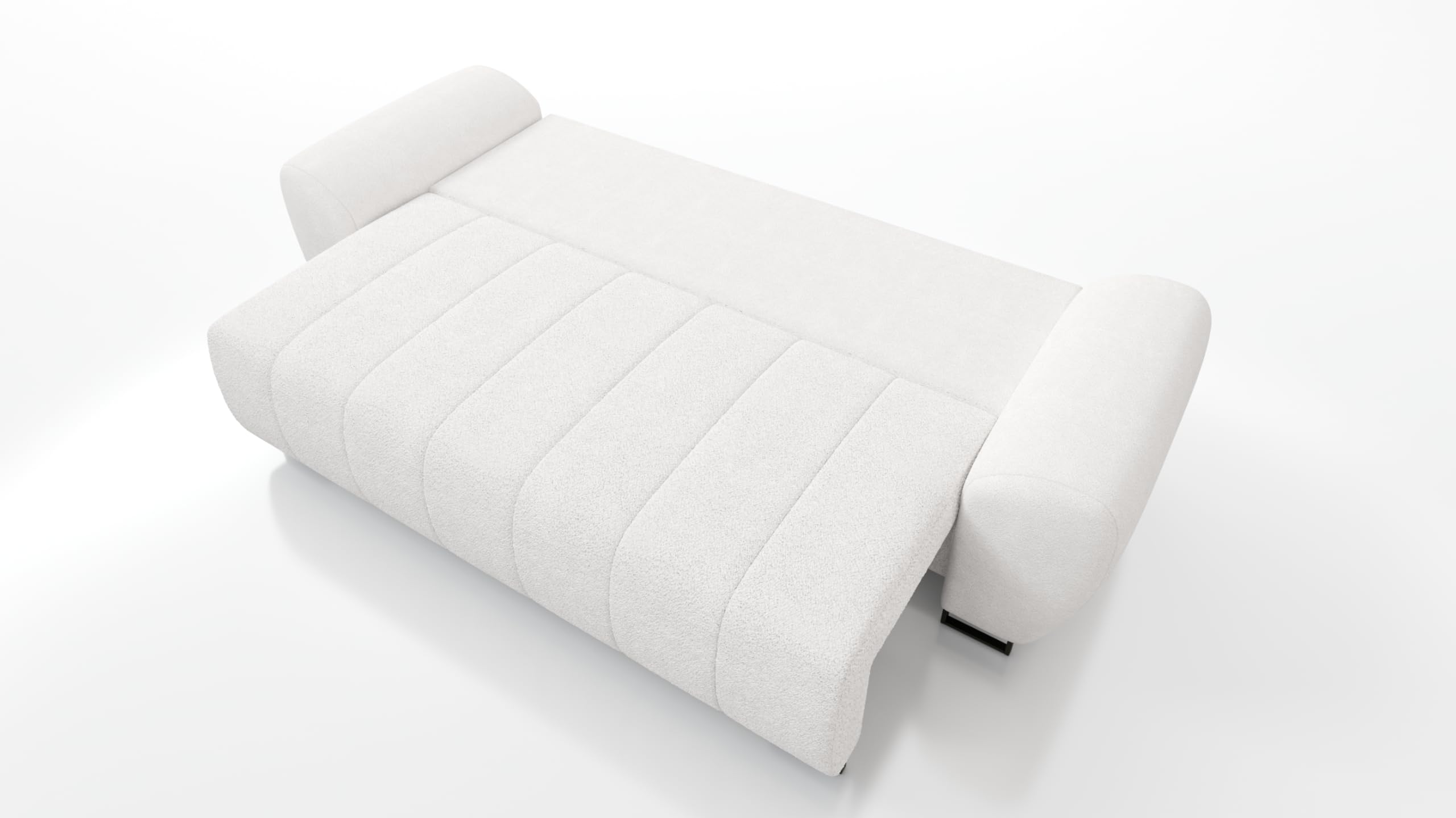 Ragnar 3 Modernes Schlafsofa, Weiß, Boucle Stoff, 270x103x83 cm, Schlaffunktion 150x200 cm, Bettkasten, Wohnzimmer Couch mit 7 Kissen, Metallbeine