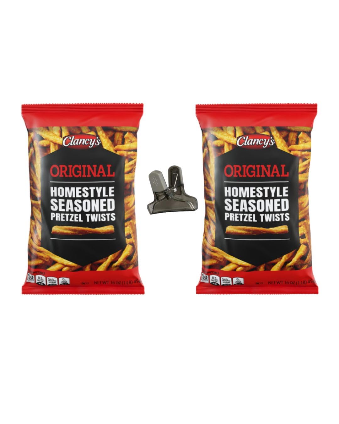 Clancy's Homestyle Seasoned Pretzels Twist Bundle, Includes Two (2) 16 oz Homestyle Seasoned Pretzels Twists and One Bag Clip (color may vary)