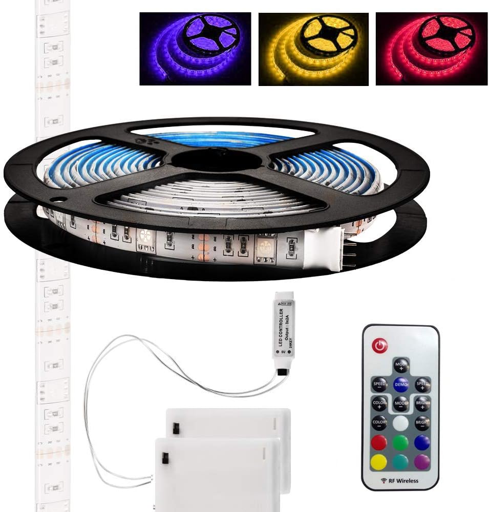 Battery Powered LED Strip Lights,3m/9.8ft Flexible RGB Led Lights Strip with 2 Battery Power Supply Box and 17 Keys Remote Controller