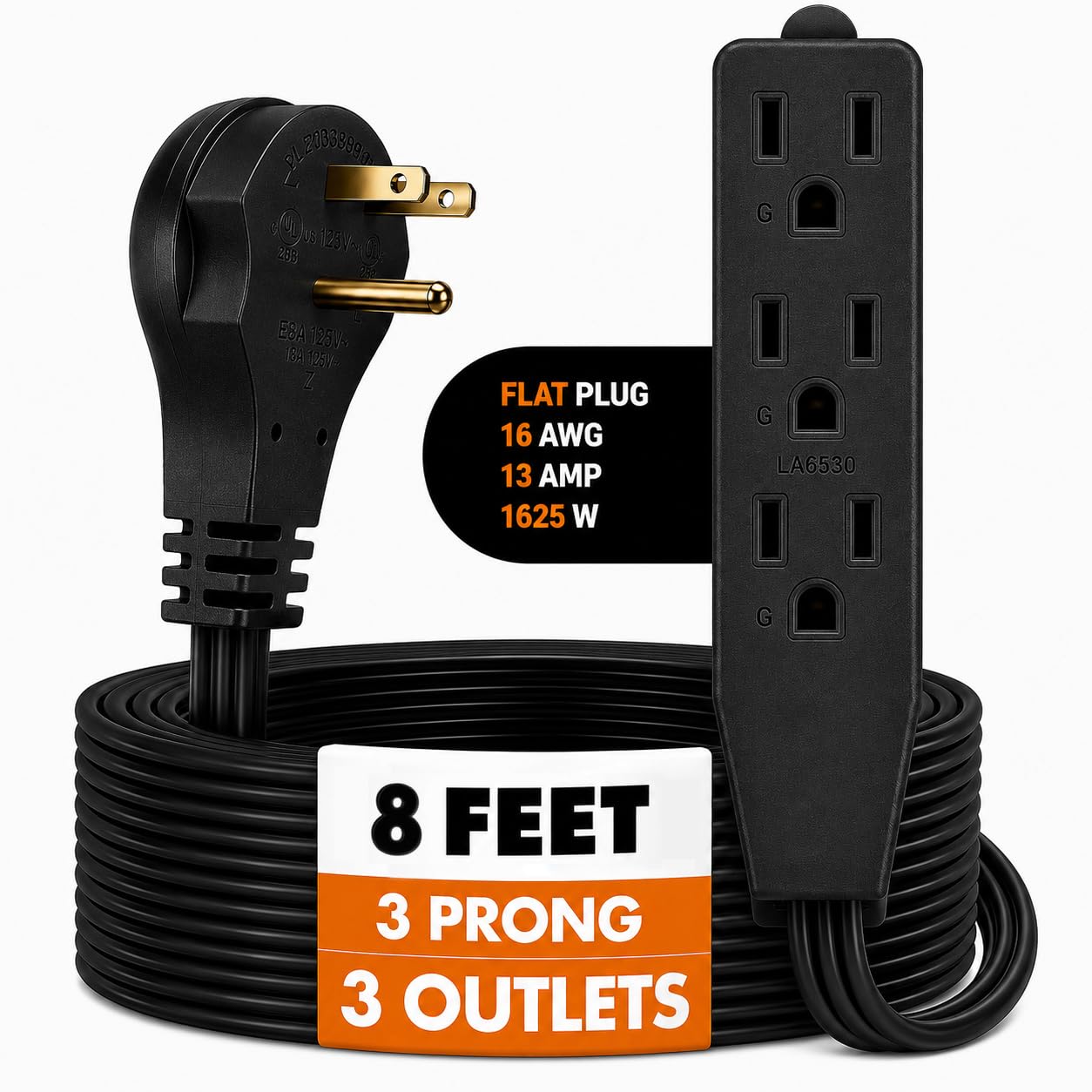 Photo 1 of Bindmaster Flat Plug Extension Cord 8 FT Black 3 Outlet 16/3