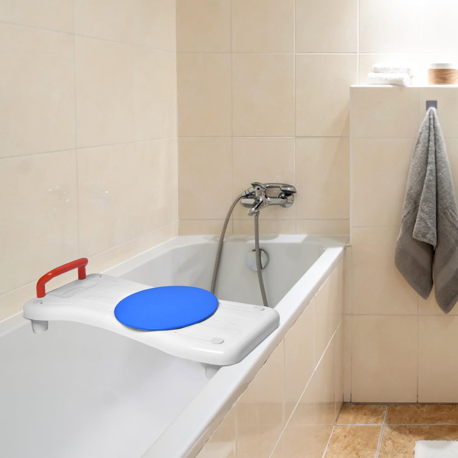 75,5x34cm Badewannenbrett mit Drehscheibe Badewannensitz für Senioren Einstellbar 41-63cm Wannensitz Sitzbrett Wannenbrett für Badewanne Duschbrett Stuhl für Badezimmer -Rot Griff