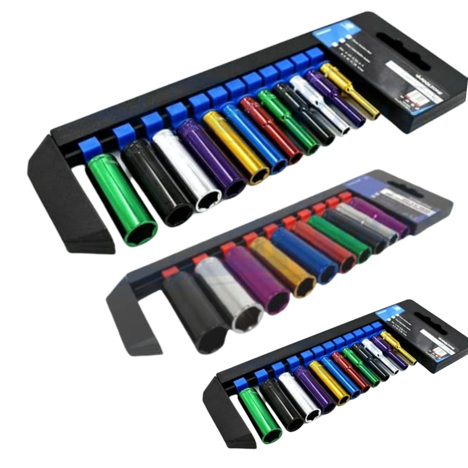 Dunnet Tools Deep Socket Sets 1/4 3/8 1/2 32pc Coloured Socket Sets 1/4" 3/8" 1/2" Inch Heavy Duty Sockets On Storage Rail Metric 4-24mm Tool Set Plumbing Electrician Mechanic Tools