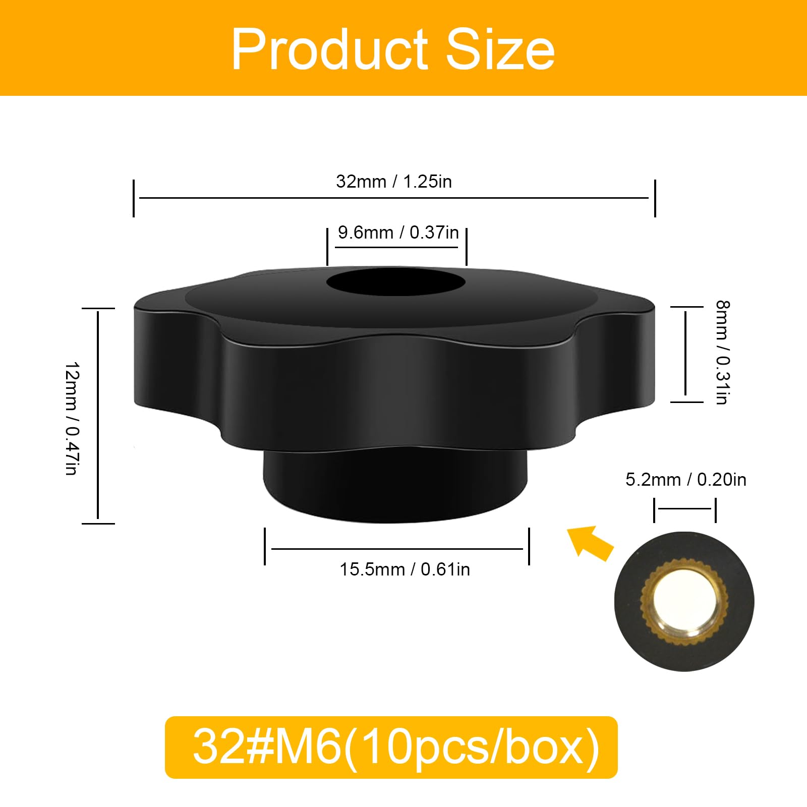 Dado con impugnatura a stella M6, 10 viti zigrinate, diametro esterno 32 mm, nero, a forma di stella, filettatura interna in ottone per macchine e impianti, mobili, macchine utensili