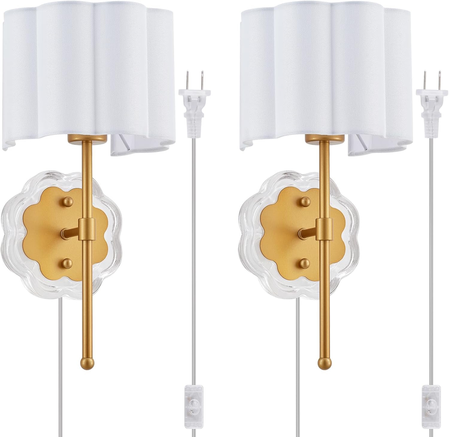 Modern Plug-in Wall Sconce Set of 2, with Creamy-White Fabric Flower and Antique Brass Brush Paint Finish Shade for Vanity Stairway Fireplace Kitchen Living Room Bedside