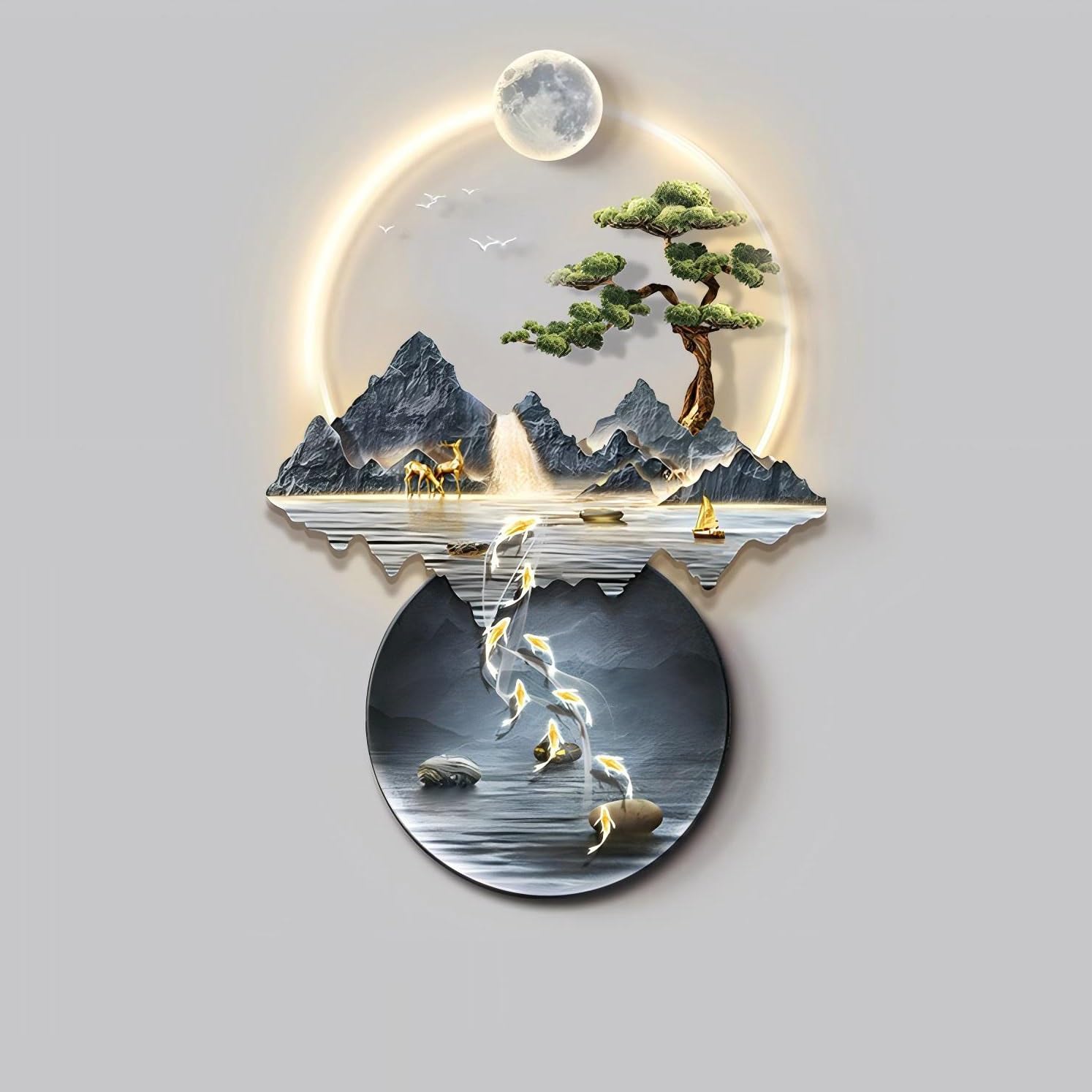 Arte de pared LED, arte de pared 3D, pintura decorativa LED en relieve 3D, arte de pared Feng Shui, lámpara de decoración de pinturas colgantes, pintura LED para sala de estar, entrada, pasillo