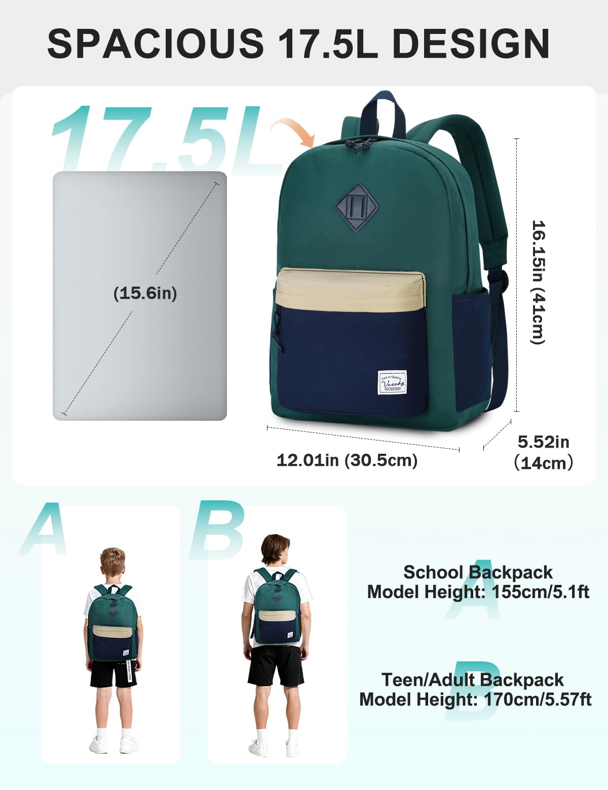 Mochilas Escolares, VASCHY Mochila Hombre Mochila Mujer Impermeable para Adulto y Adolescente Mochila Portatil 15,6 Pulgadas Mochila Universidad Instituto Ligera Mochila Viaje Niño Niña