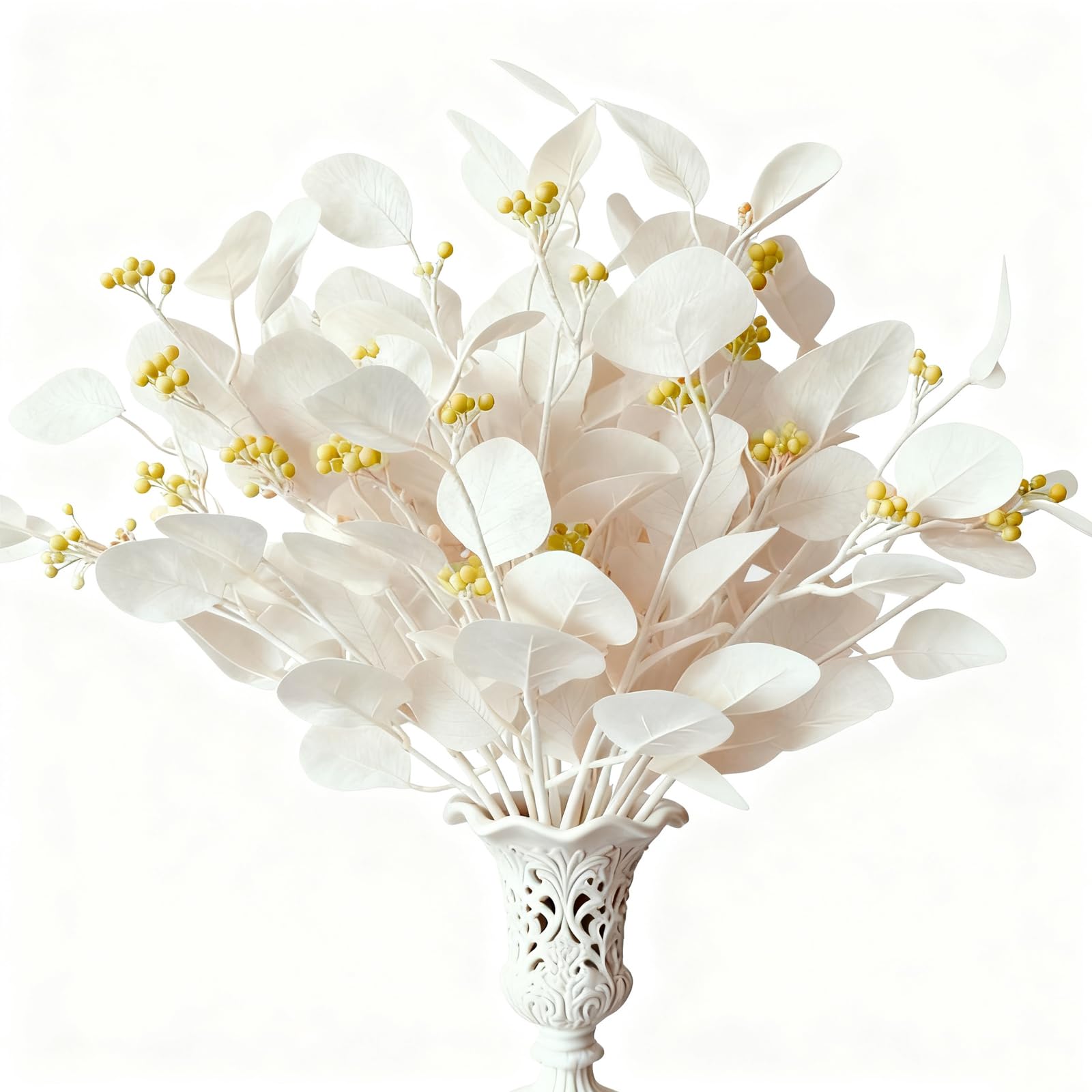 Eucalyptus Stems Leaves Artificial Flowers Long Silver Dollar Leaves Faux Bouquets Branches Decoration for Home Flower Arrangement Wedding Table Festival Farmhouse Party Halloween Deco (Champagne)