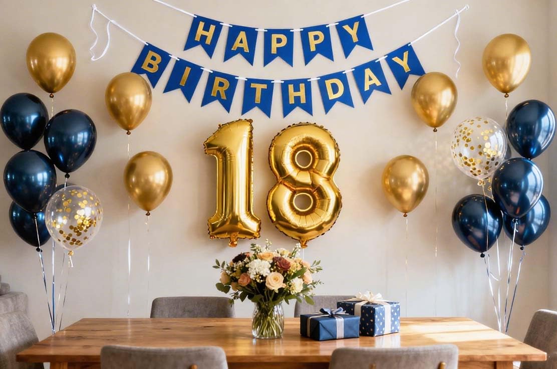 18th Birthday Decorations for Boys, Birthday Banner Number 18 Balloons Metallic Navy Blue Gold Confetti Latex Balloon for Boys Him Son Time to Adult