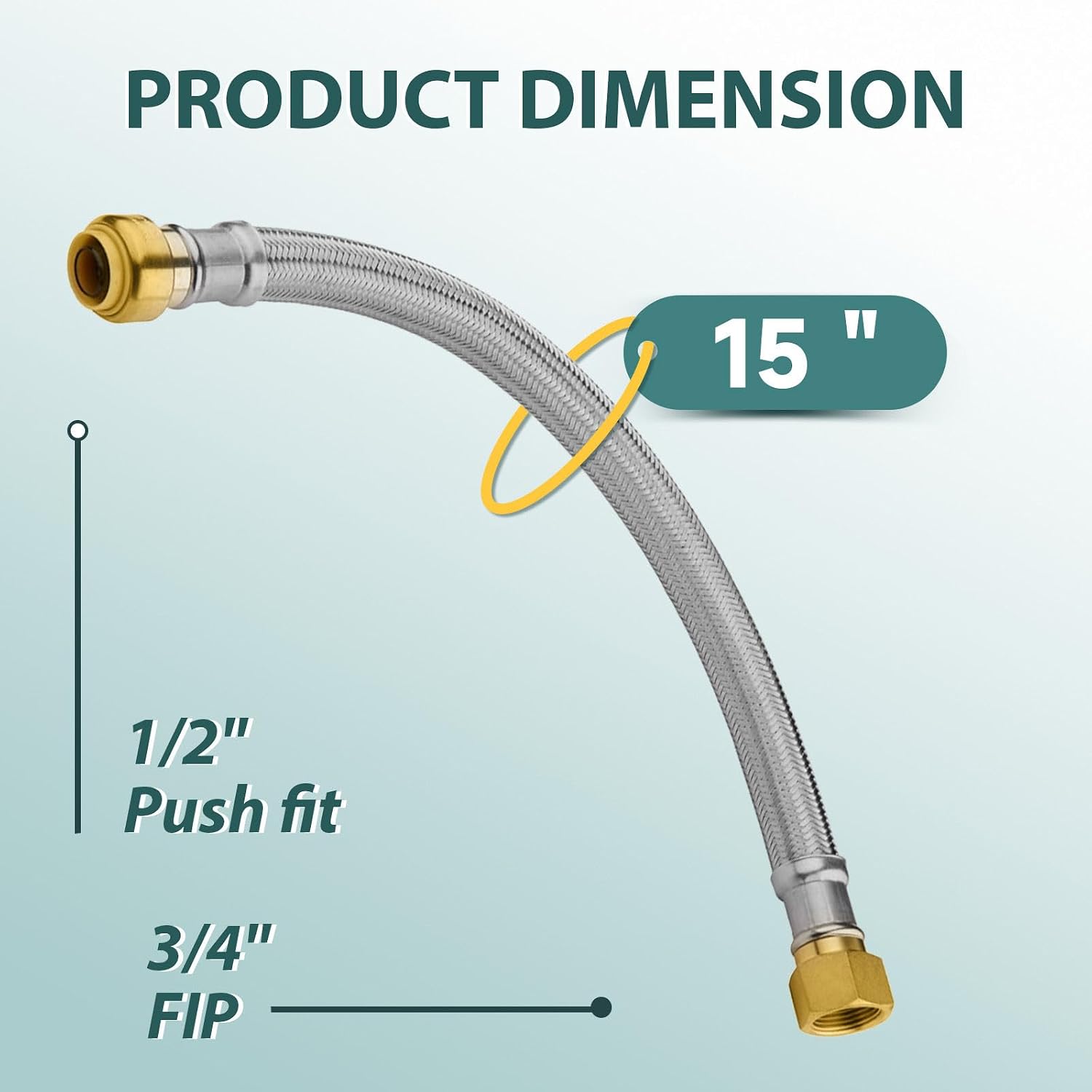 2-PACK Niikappu 15-Inch Stainless Steel Flexible Water Heater Connector, 1/2" Push-Fit x 3/4" FIP, Push-to-Connect Flexible Heater Hose