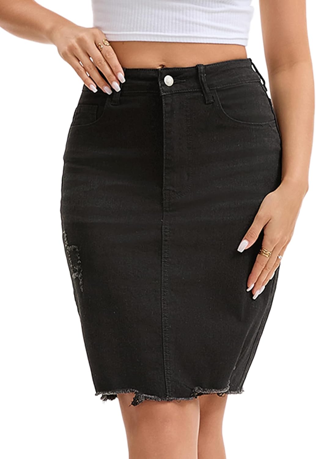 Women's Denim Skirt Stretchy High Waisted Raw Hem Knee Length Jean Pencil Skirts