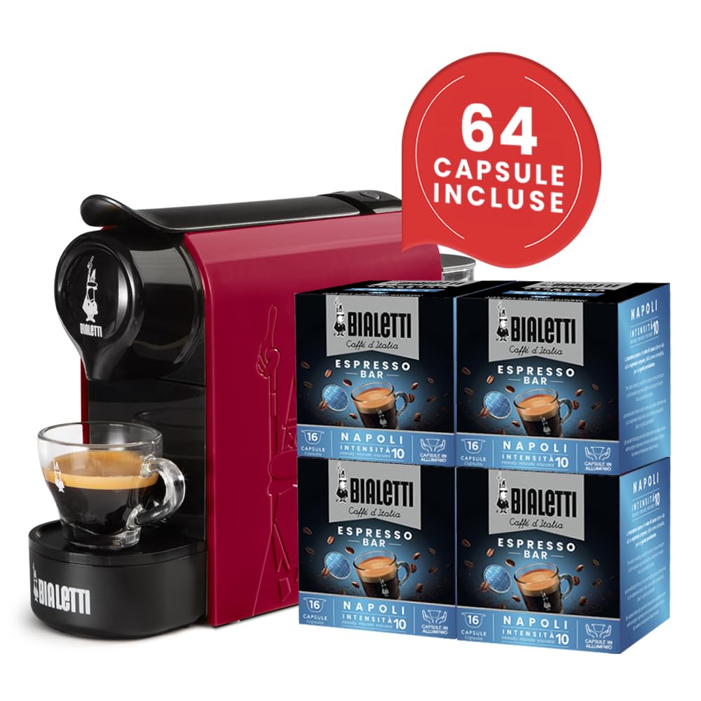 Bialetti Gioia, Macchina Caffè Espresso per Capsule in Alluminio, Incluse 64 Capsule, Funziona Esclusivamente con Capsule, Rosso