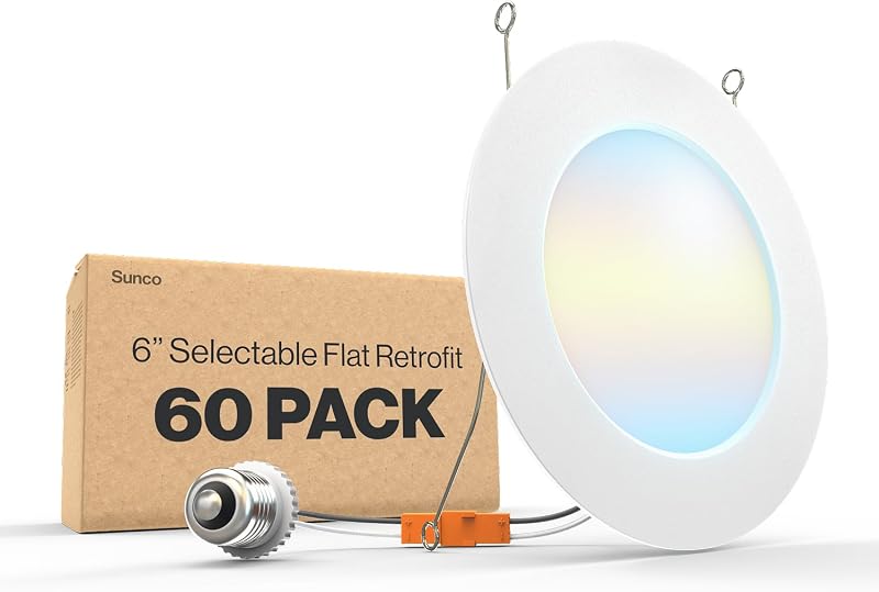 Sunco Paquete de 60 luces LED empotrables planas de 6 pulgadas, 5 CCT, ultradelgadas, 15 W | 1200LM, CCT seleccionable 2700K/3000K/4000K/5000K/6000K, Downlights LED de adaptación regulables para techo plano, 50000 horas