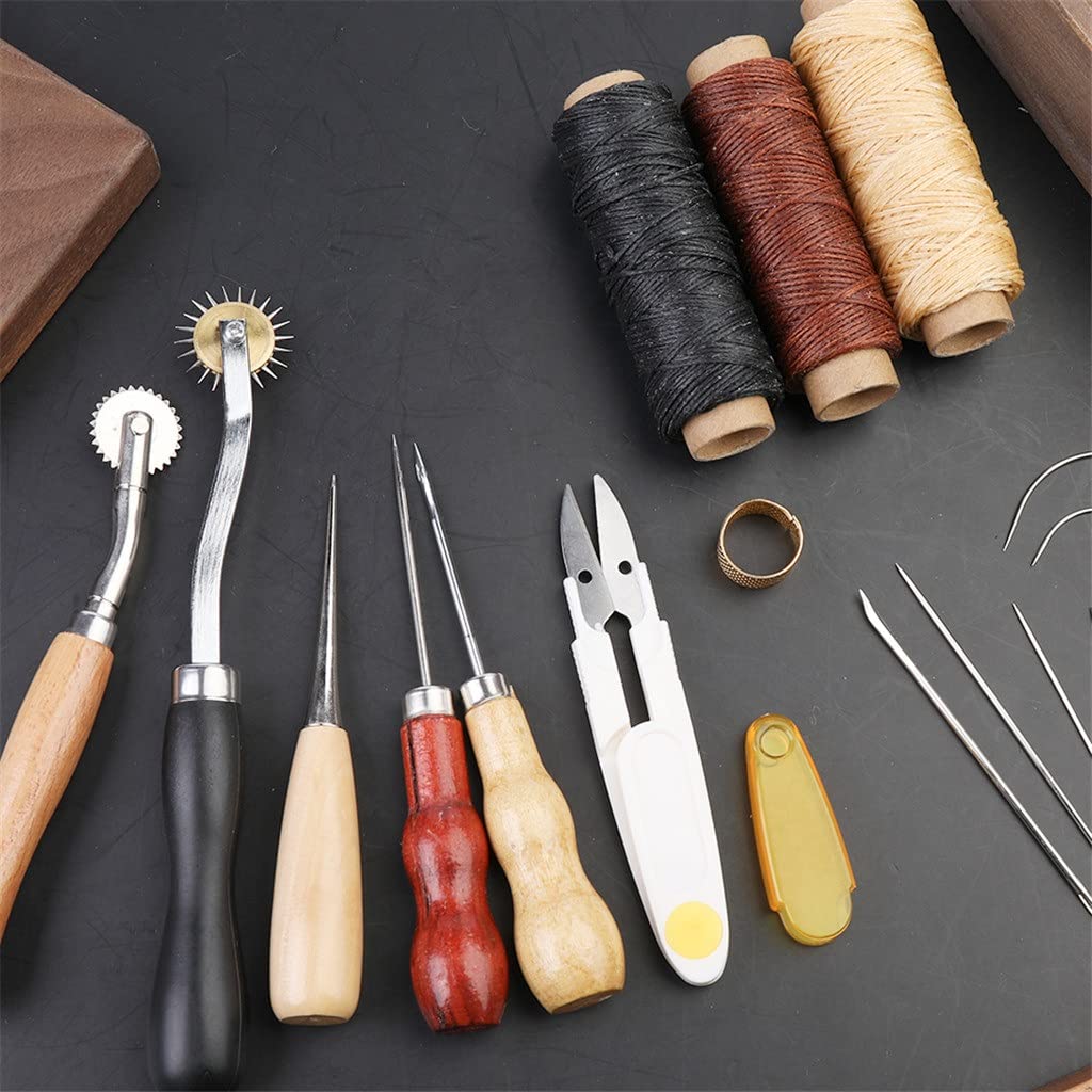 Kit de Costura de Cuero de 18 Piezas con Aguja de Ojo Grande, Hilo Encerado, punzón y Otras Herramientas manuales para Manualidades de Cuero para Principiantes.