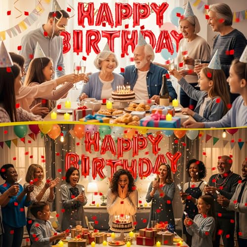 Image of Red Happy Birthday Balloons Decorations Happy Birthday Letter Balloons Banner Set with 24pcs Round Flameless LED Candles and 2000pcs Artificial Rose Petals for Women Men Room Party Decor