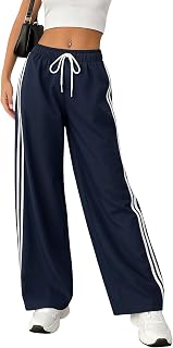 SAKHWALA Women Track Pant | Women's Wide Leg Track Pants High Waist Drawstring Sweatpants with Side Stripes, Casual Loose ... Price In India