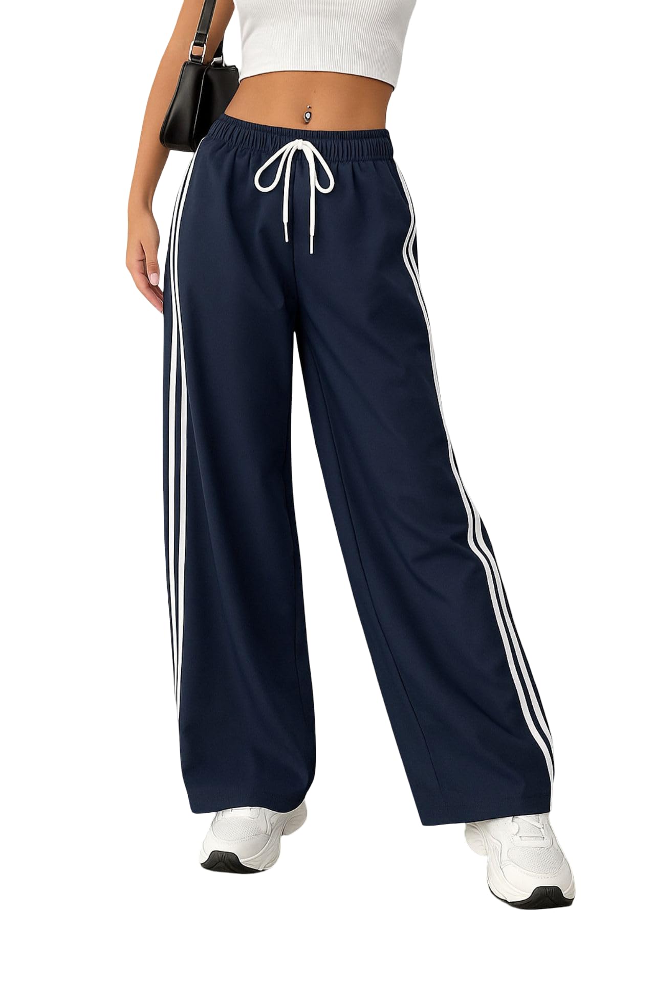 Women Track Pant | Women's Wide Leg Track Pants High Waist Drawstring Sweatpants with Side Stripes, Casual Loose Fit Lounge Joggers, Dark Grey-image-31