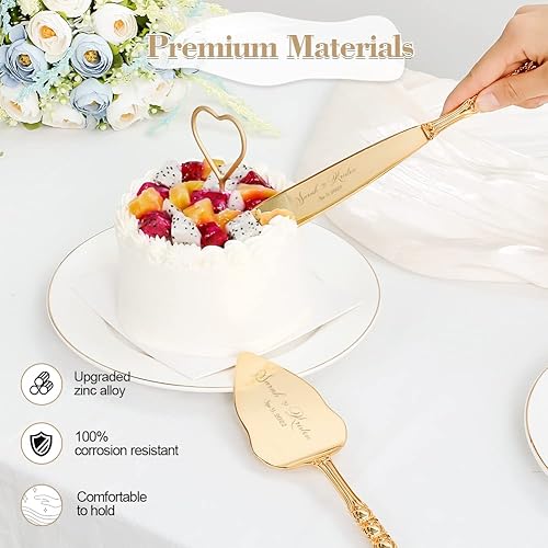 Miniatura 3 de Juego de cuchillos y servidor para pastel de boda, juego personalizado de corte de pastel dorado para boda, juego de cuchillos clásicos grabados