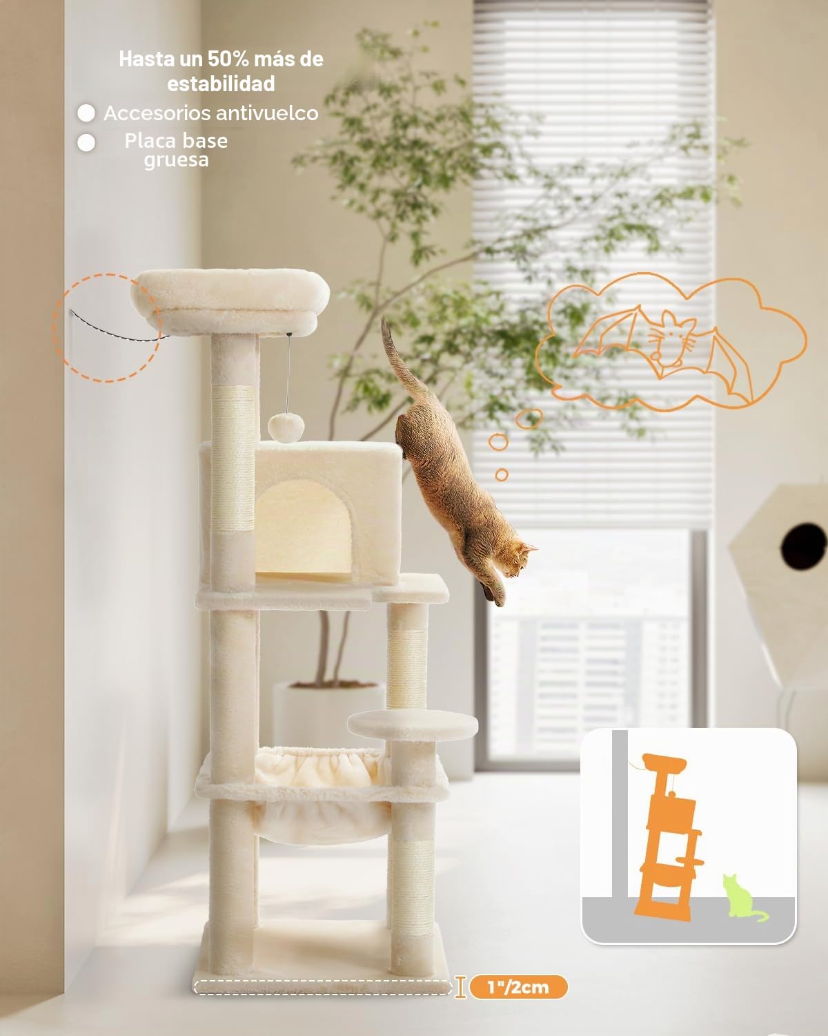 PAWZ Road Árbol para Gatos Con Hamaca de Felpa de Metal, Torre Con Casa Condo de 2 Puertas, Estantes de 6 Niveles Con Poste Rascador, Gran Barra Superior Beige 116 cm