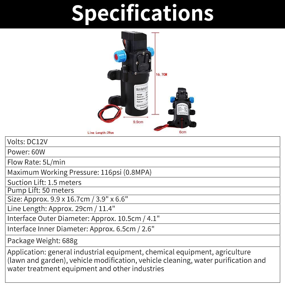 Tyenaza Bomba de Agua 12V, Bomba de Diafragma de Alta Presión, Bomba de Agua Autocebante de Diafragma de Alta Presión de 12V DC 100W 8L / Min 160Psi, para Lavado, Rociado, Riego de Jardín