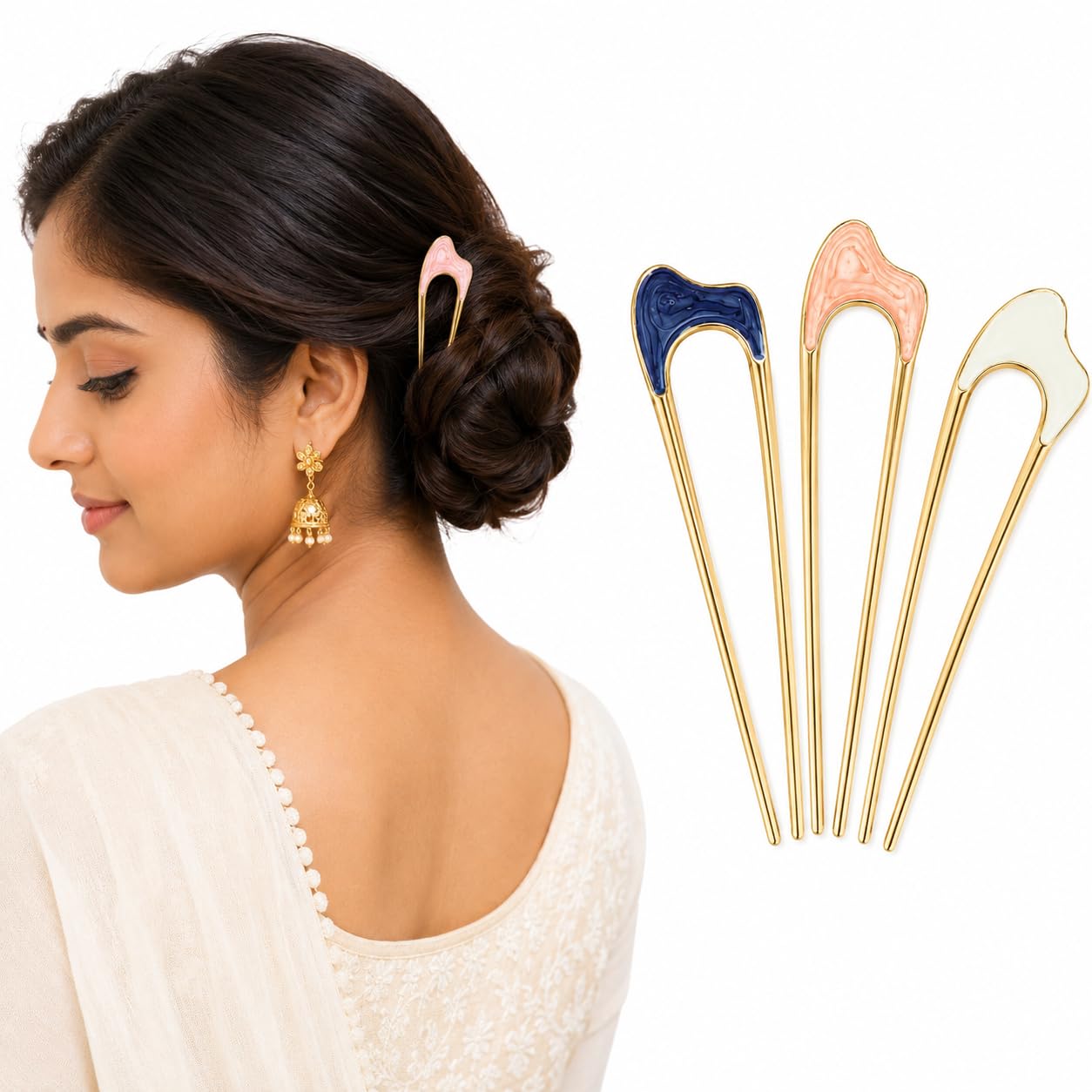 TOTAL HOME French Hair Pin for Women - 3 Pcs U Shaped Metal Juda Pin Gold Silver Hair Stick for Bun | Rust Free Chinese Hair Fork | Saree Dupatta & Updo Bun Hair Accessories for Girls-image-45