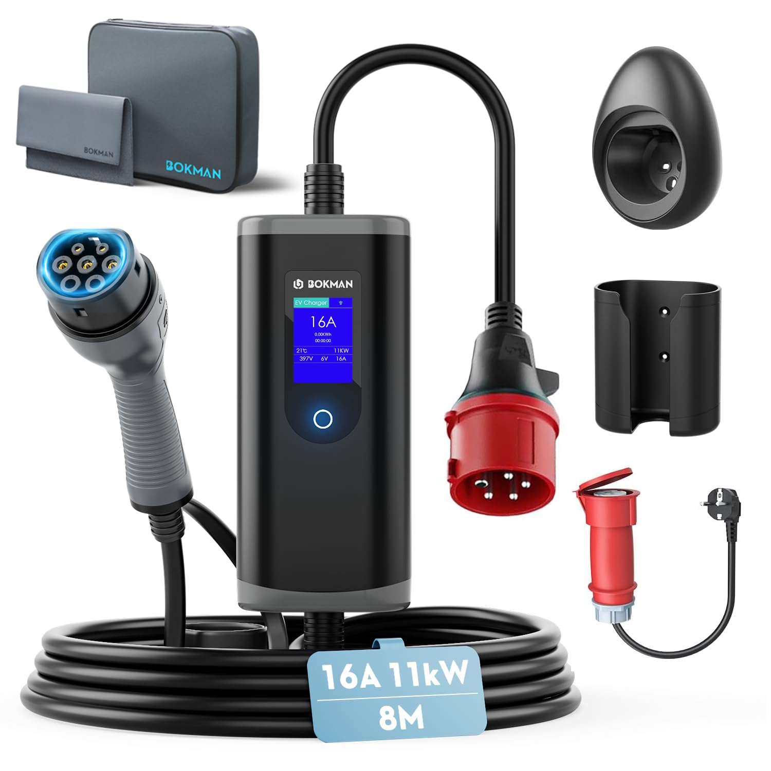 bokman Mobile Wallbox 11kW, Typ 2 Ladekabel mit CEE Stecker & Adapterkabel 8 Meter |16A | 3-Phasig | IP65 Wasserdicht, Tragbares EV-Ladegerät für IEC 62196-2 mit Tragetasche & Mikrofaserhandtuch