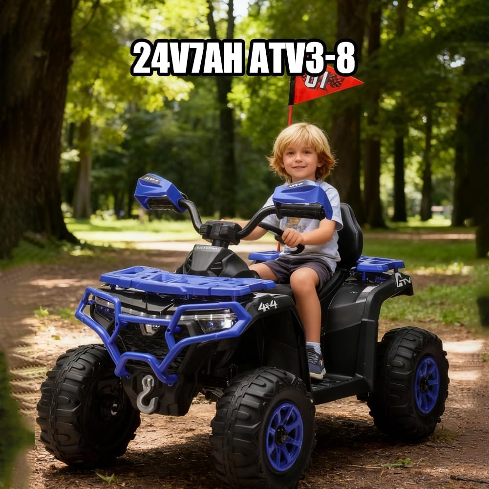 24V Kids Electric Car, Electric ATV for Kids 3-8 with Color-Changing LED Light Bar & Flag Pole | 2WD Off-Road Ride-On Toy | Bluetooth Music | CPSIA Certified | All-Terrain Car (Blue)