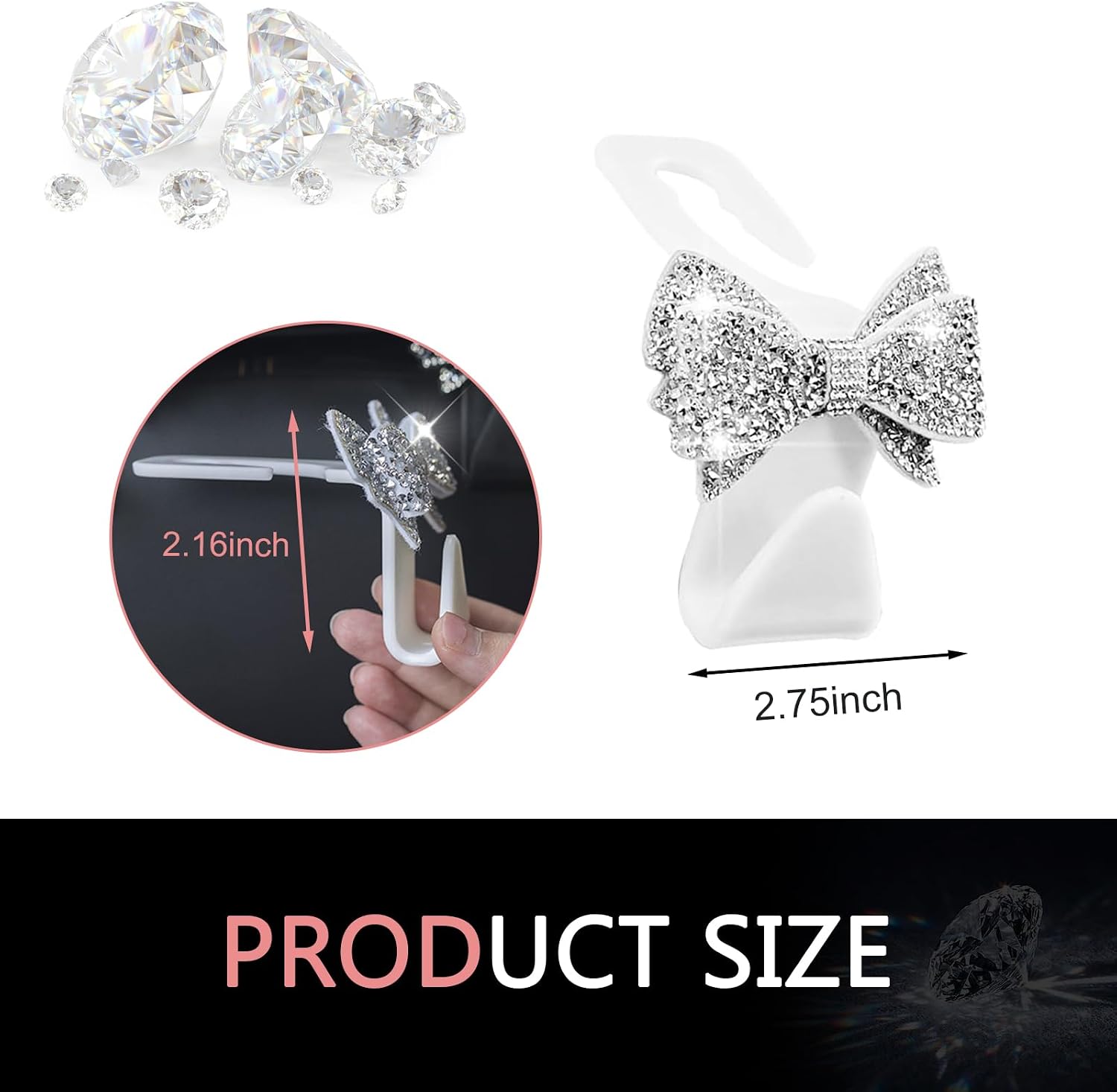 2 PCS Bling Bow Car Seat Headrest Hooks, S Type Crystal Seat Back Hangers, Universal Vehicle Storage Organizer for Handbag, Purse, Coat, Grocery Bags (White) image 2