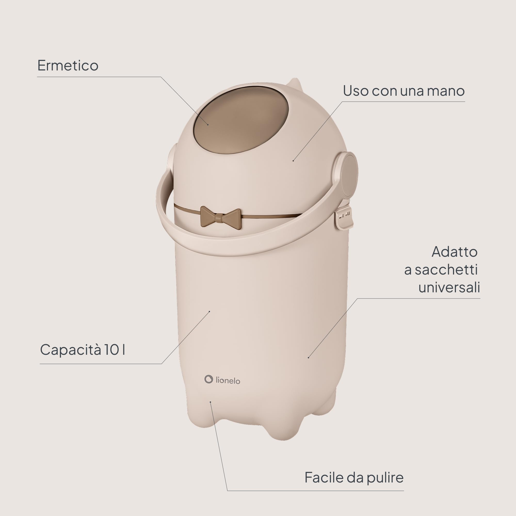 lionelo Purebin - Pattumiera per pannolini da 10 l, inodore e igienico, funziona con sacchetti universali per la spazzatura, meccanismo di controllo degli odori, funzionamento con una sola mano