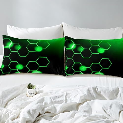Miniatura 7 de Feelyou Juego de funda de edredón verde y negro, tamaño King, juego de ropa de cama de panal para niños y niñas, decoración geométrica, juego de