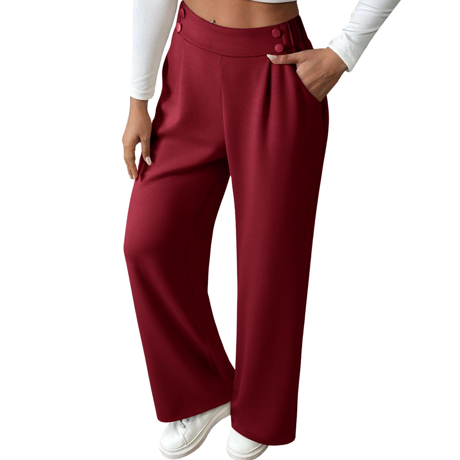 Womens Wide Leg Work Pants Elastic High Waisted Dress Pants Business Casual Pant Loose Fit Trousers with Pockets