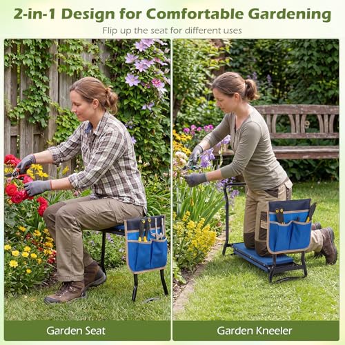 Image of 2-in-1 Garden Kneeler and Seat, Folding Garden Seat w /EVA Foam Kneeling Pad & Removable Tools Pouch, Sturdy Steel Frame, No Assembly, Portable Heavy Duty Garden Stool for Women Men Seniors