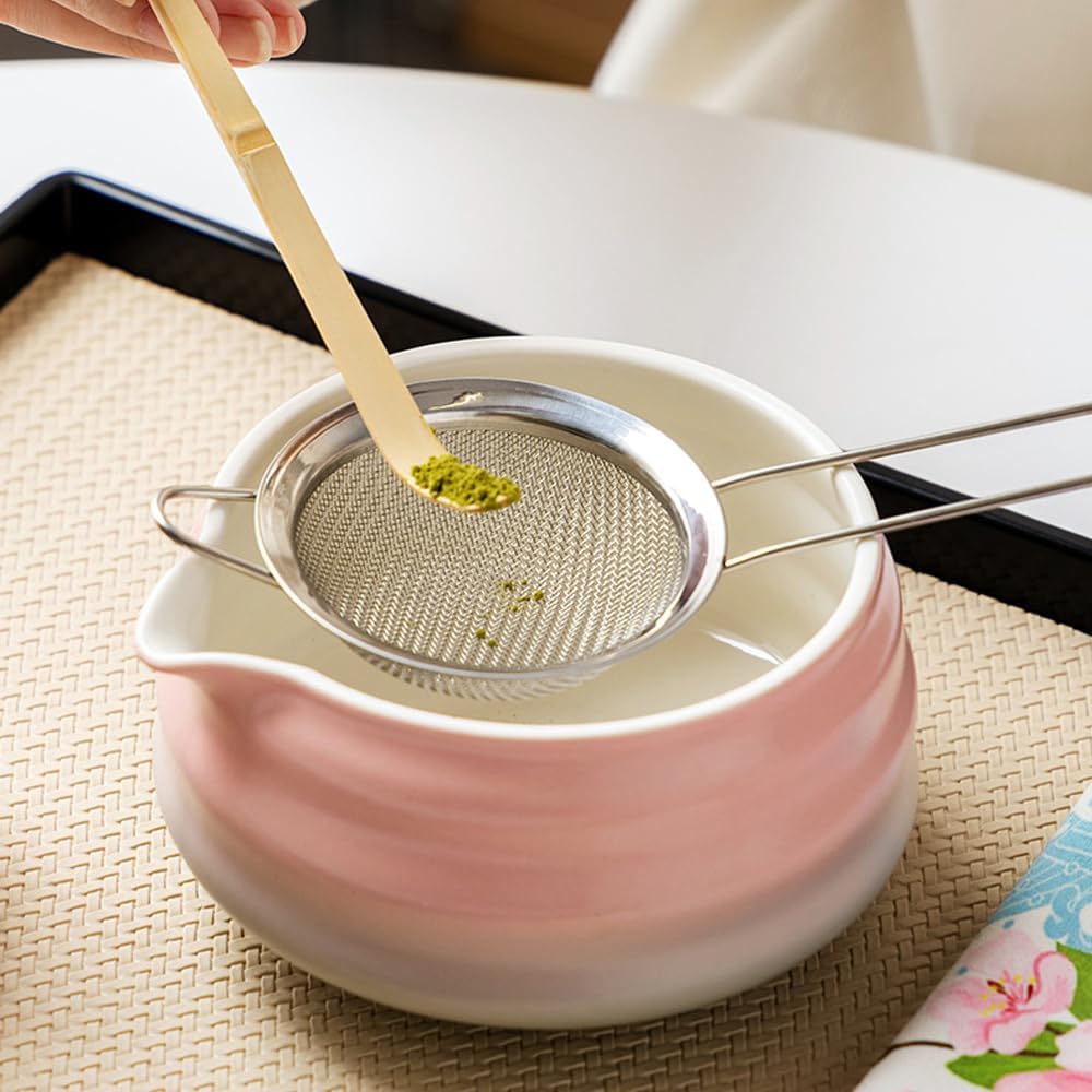 Matcha Tea Ceremony Set, 7 Pieces with Ceramic Bowl, Bamboo Whisk, Holder, Scoop, Rest, Sifter, Tea Towel, Pink