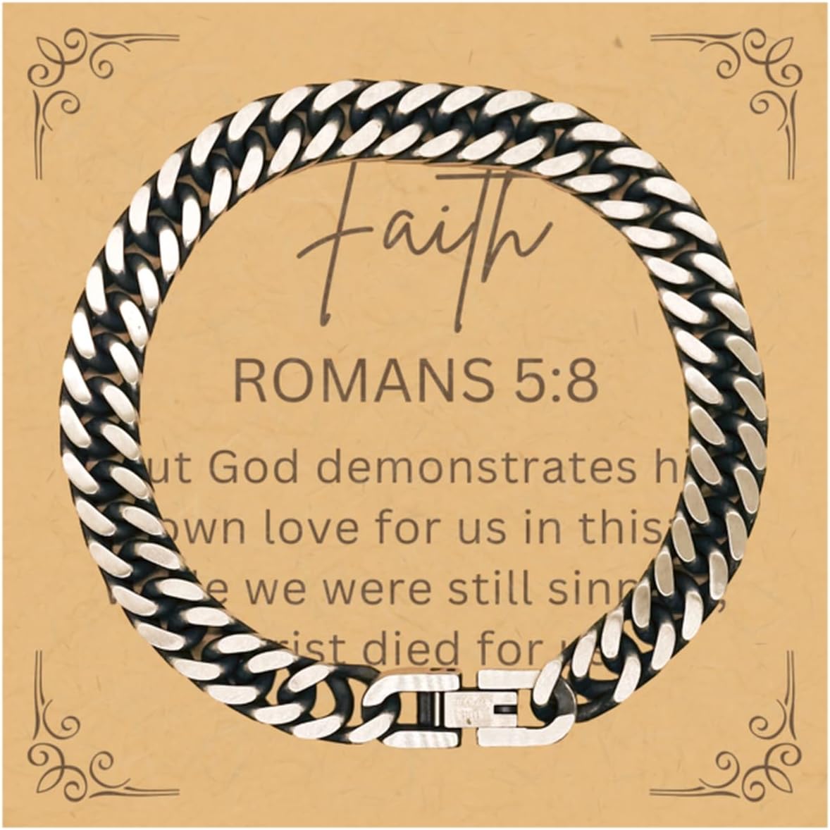 PARN'S Gifts For Christian Bible Verse - Romans 5:8 - Cuban Link Bracelet Faith Gifts For Son Dad Brother Nephew Boyfriend Husband, Religious Jewelry Bracelet Message Card Box, Small, silver