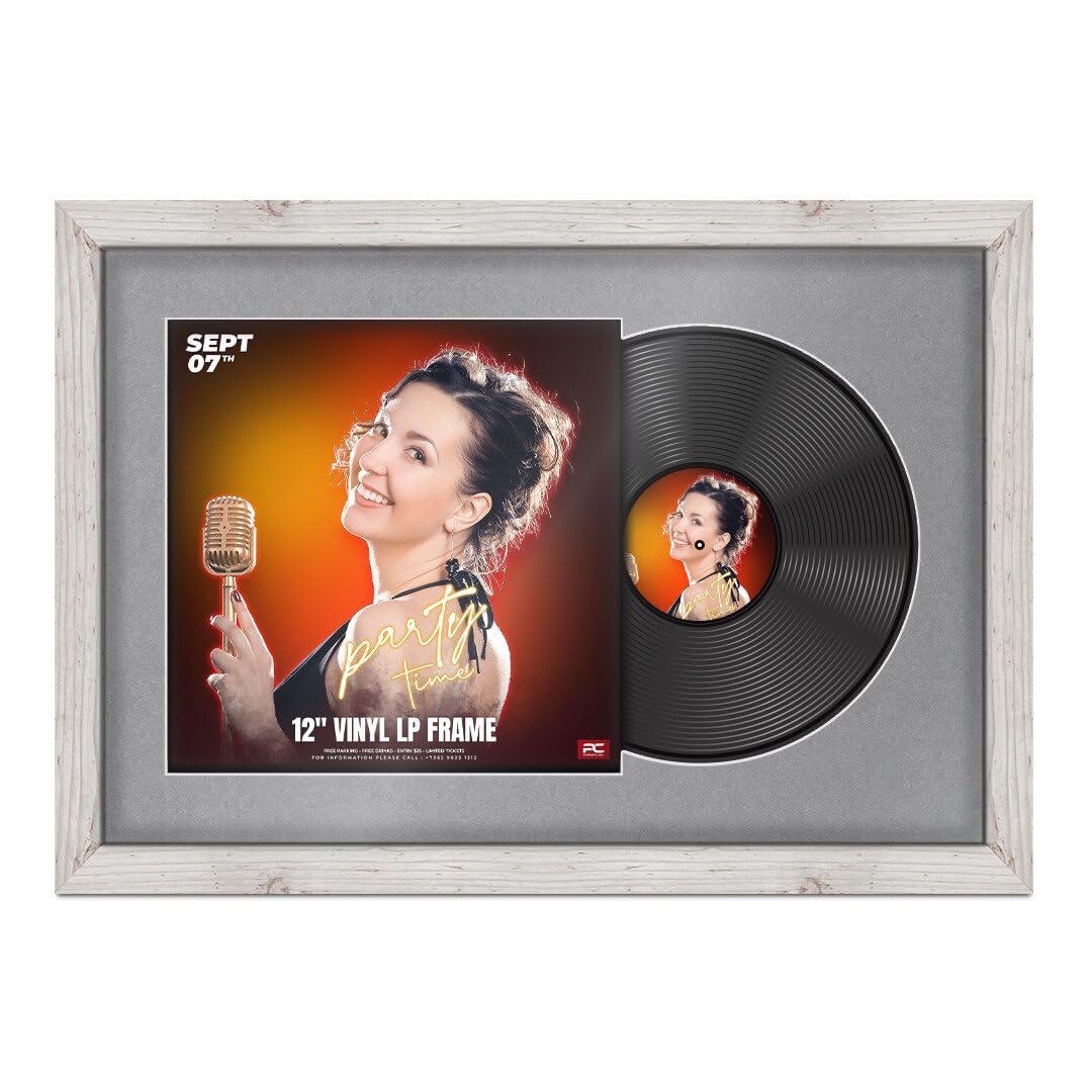 Procut Global 25x17" White Rustic Vinyl Record Frame for 12 Inch LP Cover & Disc - Display Modern Photo Frame with Overlapped Design-Engineered Wood, Shatterproof Perspex - Mid Grey Mount