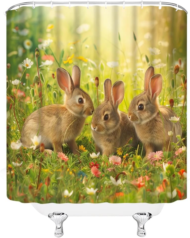 Easter Extra Long Shower Curtain Bunny Floral Rabbit Flower Leaf Spring Festival Green Brown Fabic with Hooks for Bathroom Decor,70x78 Inch