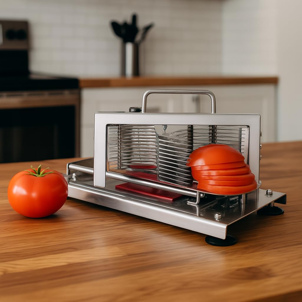 Trancheuse à tomates inox professionnelle – 11 lames – tranches 5,5 mm – stabilité ventouses – ouverture 80 mm
